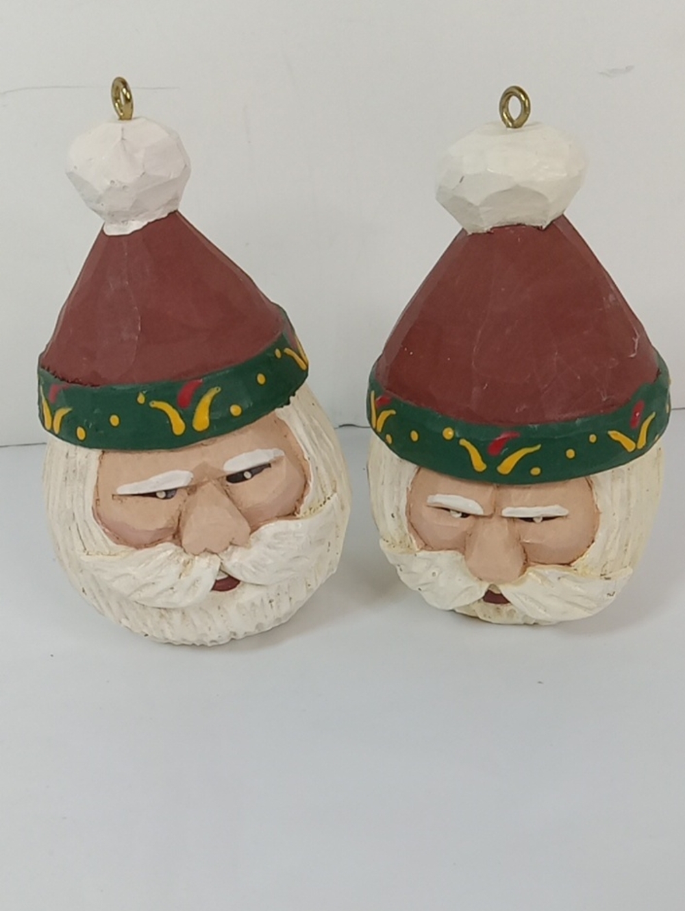 Hand-Carved & Painted Santa Head Folk Art Holiday Ornament Red Hat, White Beard